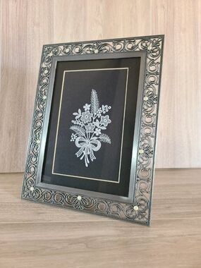 Vintage Ornate Metal Frame Lace Embroidery Floral Wall Art Black Mat